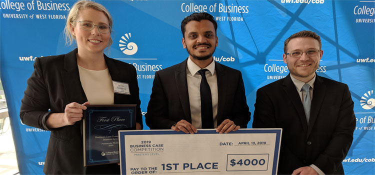 A Mitchell College of Business team of MBA students Rachel Smith, Jaikishan Maru and David Hinson took first place and $4,000 in a recent business case competition at the University of West Florida.