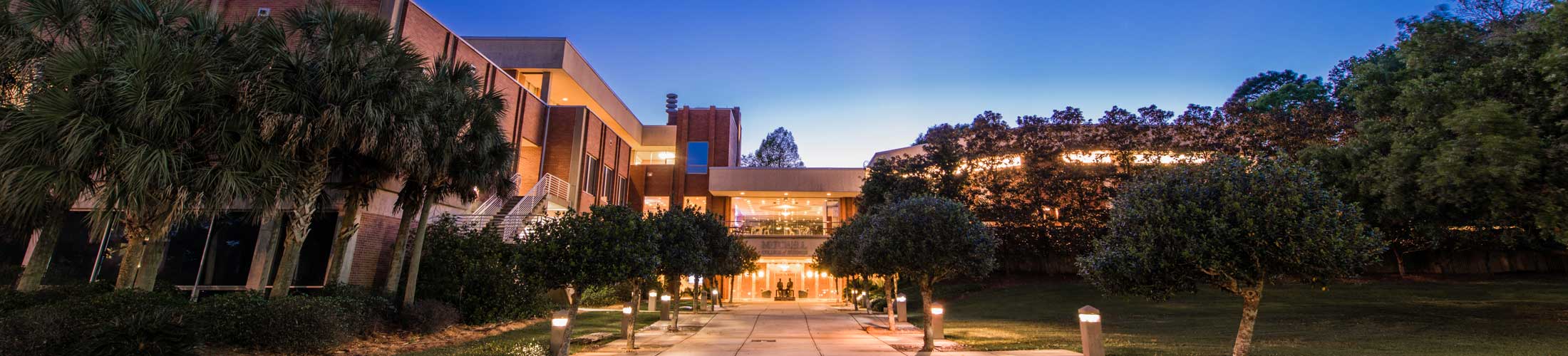Mitchell College of Business at Night -- Seen as one of the top business schools in Alabama.