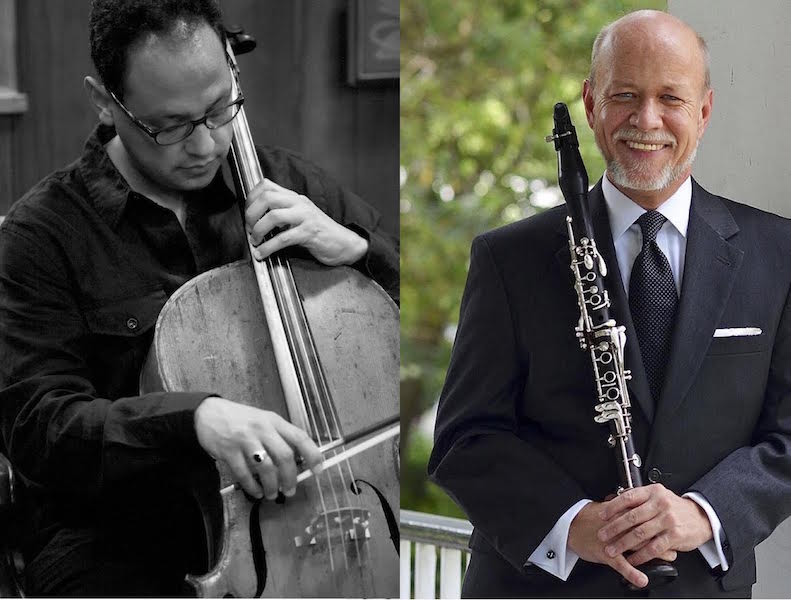 Cellist Moisés Molina and clarinetist J.C. Barker posed with their instruments