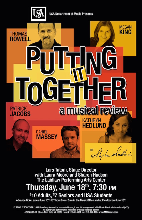 Poster advertising performance of Putting it Together scheduled for June 18 at 7:30 with snapshots of each of the artist involved