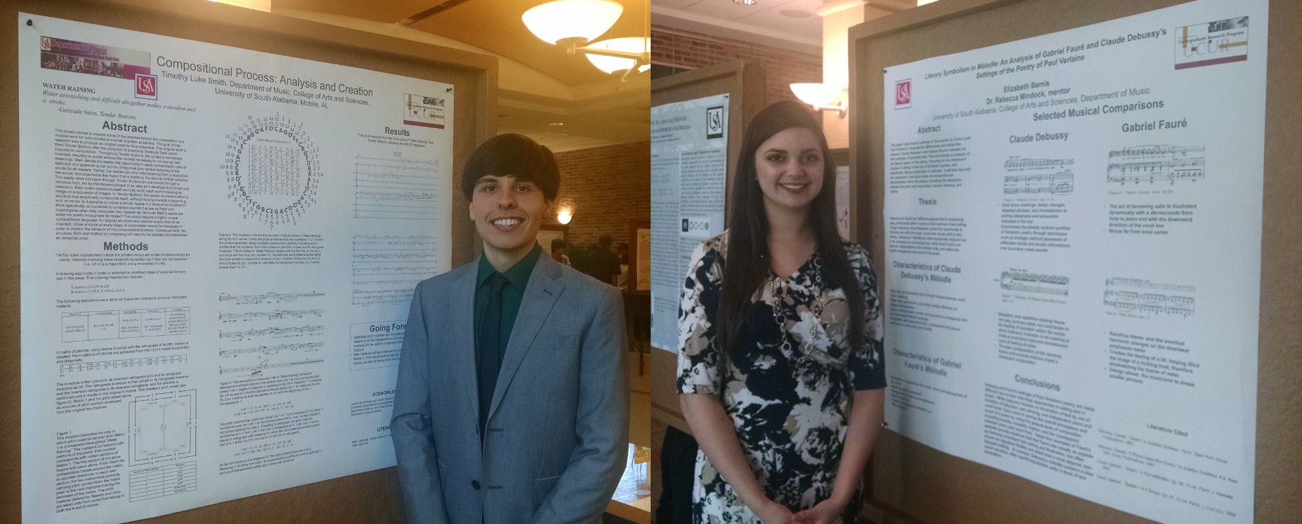 Luke Smith and Elizabeth Bemis each standing in front of their poster's used for Undergraduate Research Program