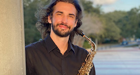 Pictured is senior saxophonist Blake Bodie.