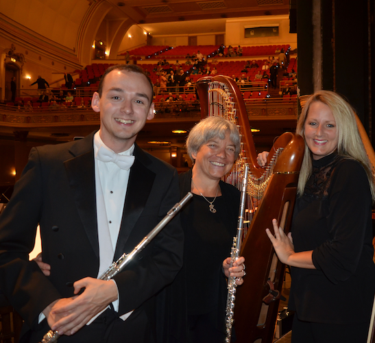 Travis Jones, Andra Bohnet and Katie Ott with flutes and harp