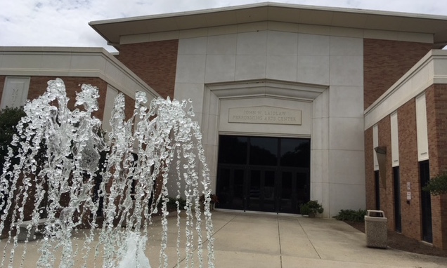 Pictured is the outdoor fountain at the Laidlaw Performing Arts Center.