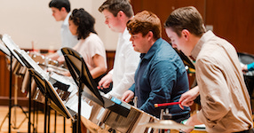 Percussion students at USA are pictured in concert in the Laidlaw Recital Hall.