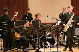 Pictured on the Laidlaw Recital Hall stage is a past performance of the USA Jazz Ensemble.