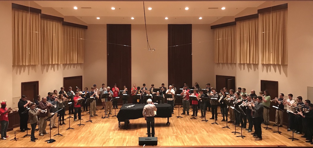 Pictured on the Laidlaw Recital Hall stage is the Mass Trumpet Choir from a previous USA Trumpet Day.