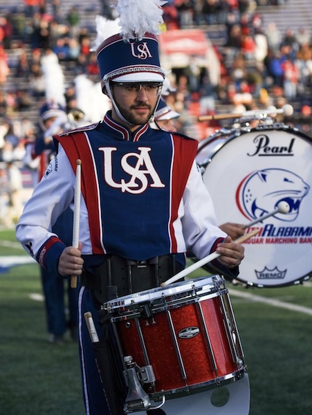 Pictured in uniform with the South Alabama Jaguar Marching Band is recently graduated senior percussionist Jared Messinger. data-lightbox='featured'