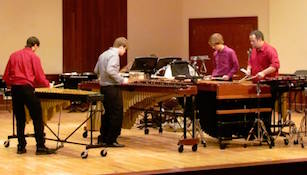 Pictured are members of the USA Percussion Ensemble in concert on the Laidlaw stage.