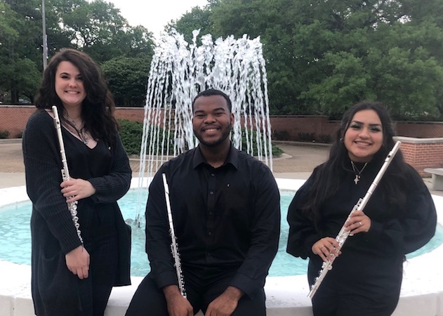 Pictured by the Laidlaw fountain is the "Percolate" Flute Trio, just one of the many performers on the Spring Honors Recital. data-lightbox='featured'