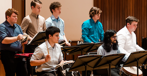 Pictured on the USA Laidlaw PAC stage are members of the USA Percussion Ensemble in concert.
