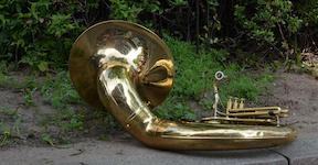 Pictured is a brass sousaphone laying on the grass in an unknown neighborhood. 