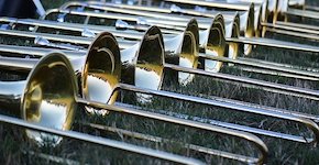 Pictured are several trombones laying on a field in a row.