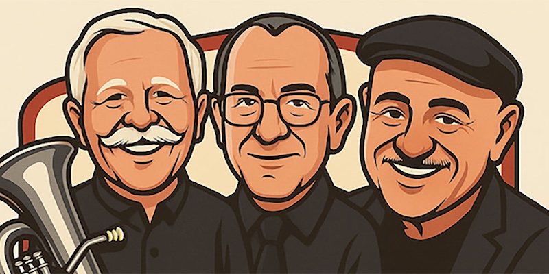 Pictured in an illustrated format are the three "tuba amigos," Jim Self, R. Winston Morris, and Dan Perantoni. data-lightbox='featured'