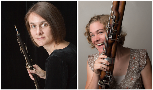 Dr. Susan Tomkiewicz and Dr. Stephanie Patterson each with their woodwind instrument