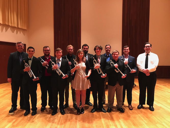 Pictured on the Laidlaw Recital Hall stage are students from the Trumpet Studio of Peter Wood.