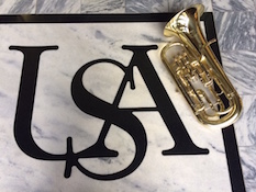 Pictured is a tubist with fingers in position on rotary tuba valves.