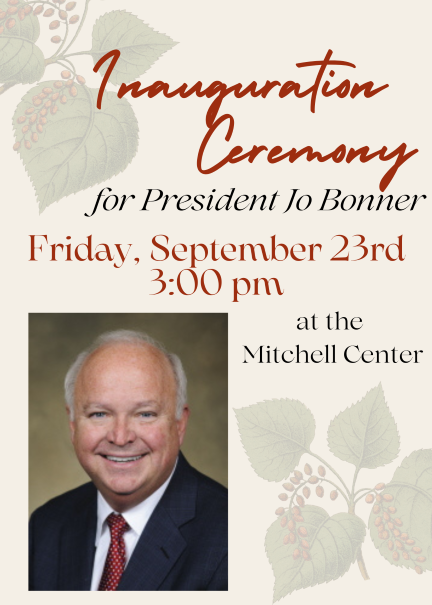Inauguration Ceremony for President Jo Bonner - Friday, Sept. 23rd at 3:00 PM at the Mitchell Center data-lightbox='featured'