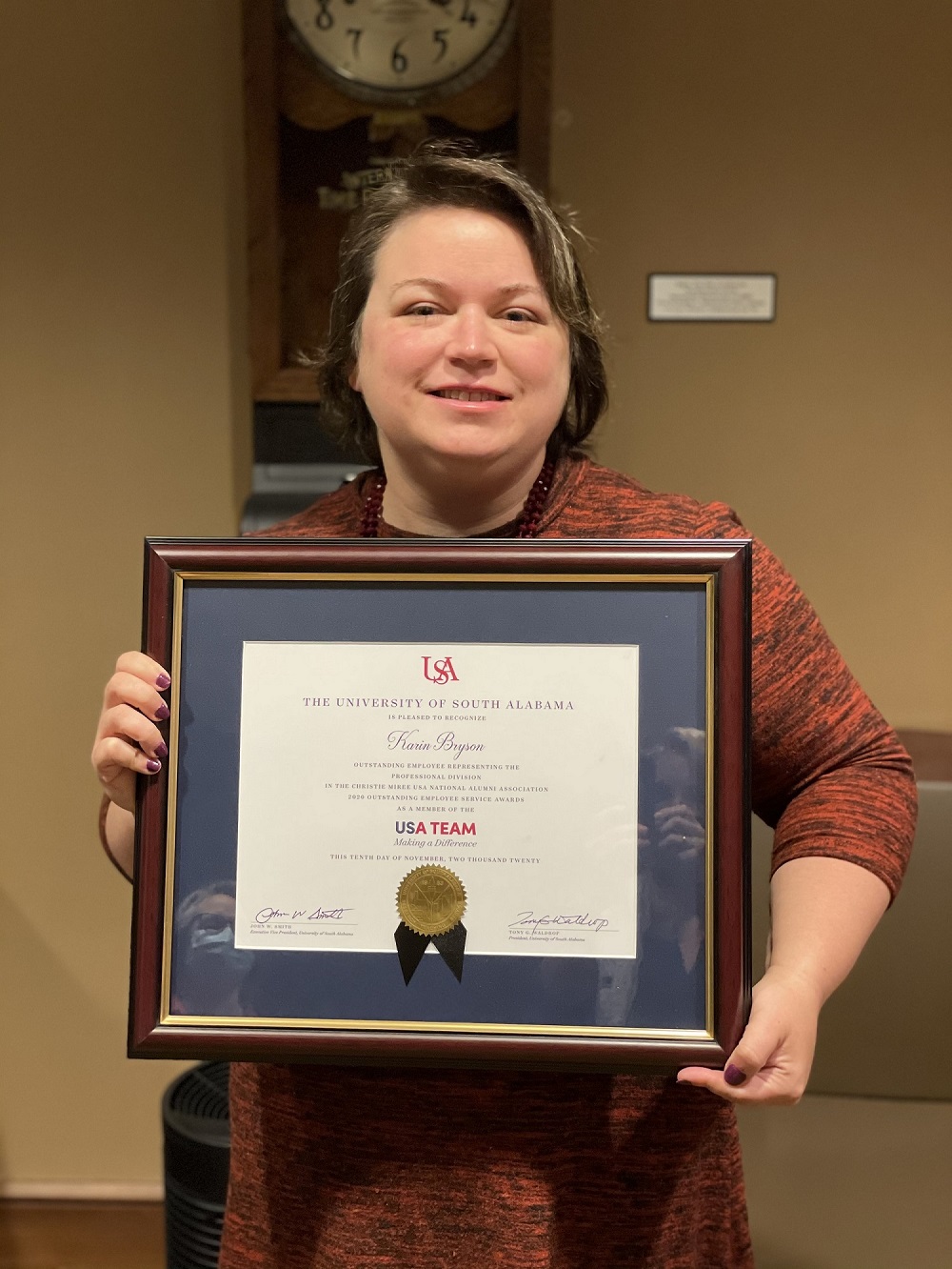 Staff Member of the Year Award. Karin Bryson was presented with her certificate today for the 2020 SOC Staff Member of the Year. The award was given during the SOC Virtual Awards presentation held in April. data-lightbox='featured'