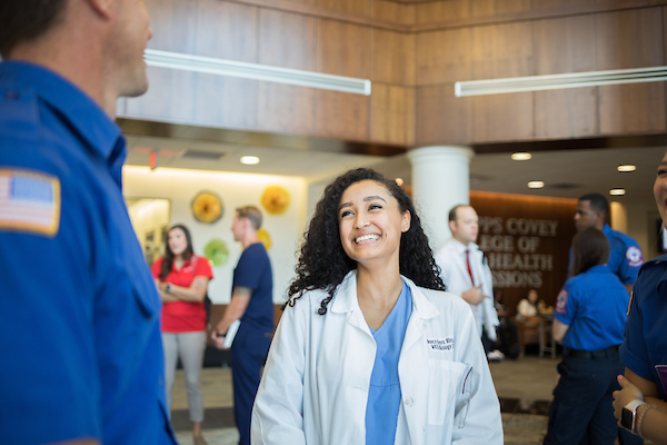 Nursing studing and EMT students in Allied Health building.