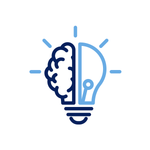 Icon of lightbulb divided in half with brain on one side.