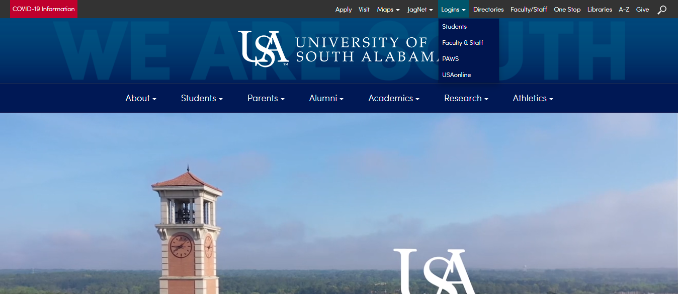 USA Faculty Staff Login Button from Homepage