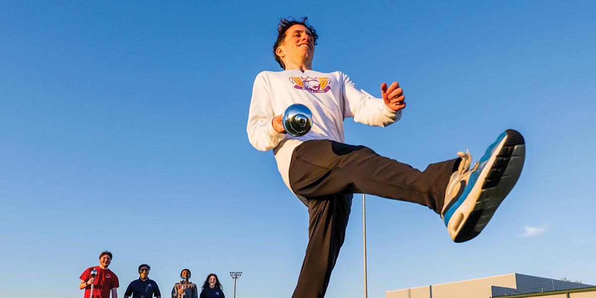 NATHAN SANSOM tries out for drum major at the new Geri and Gordon Moulton Jaguar Marching Band Complex.
