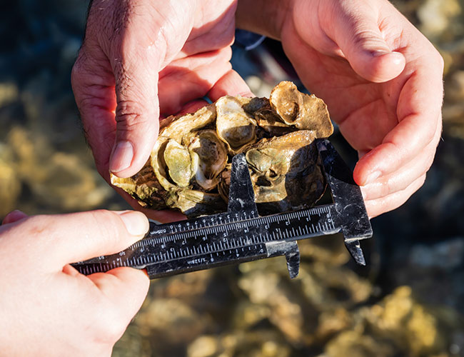 measuring the size of young oysters in the field