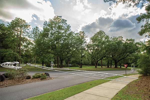 Traffic circle with pedestrian pathway drawing.