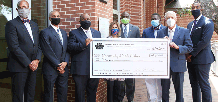 Dr. Mike Mitchell, Juan Peasant, Dr. Andre Green, Margaret Sullivan, Rufus Hudson, Dr. Paul Frazier, USA President Dr. Tony Waldrop and Tramaine Perry.
