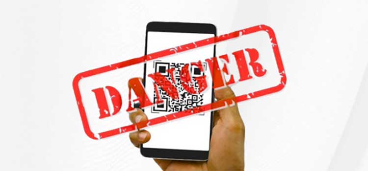 Hand holding phone with QR Code with the word danger on it. data-lightbox='featured'