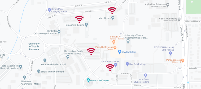 map showing outdoor wifi parking lots