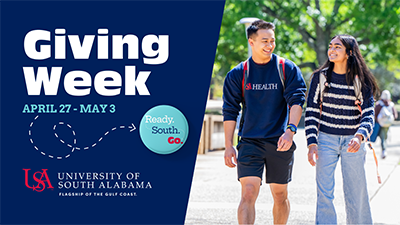 Facebook graphic with two students walking on campus smiling with backpacks on.