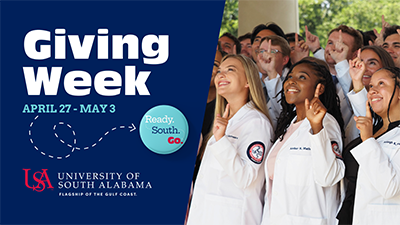 Facebook graphic with medical students in white cots holding up J hand.