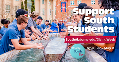 Facebook graphic with engineering students working on floating project outside.