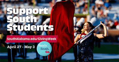 Facebook graphic with student performing with flag team.