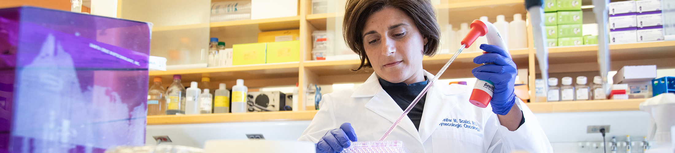 Professor working in lab holding a dropper.