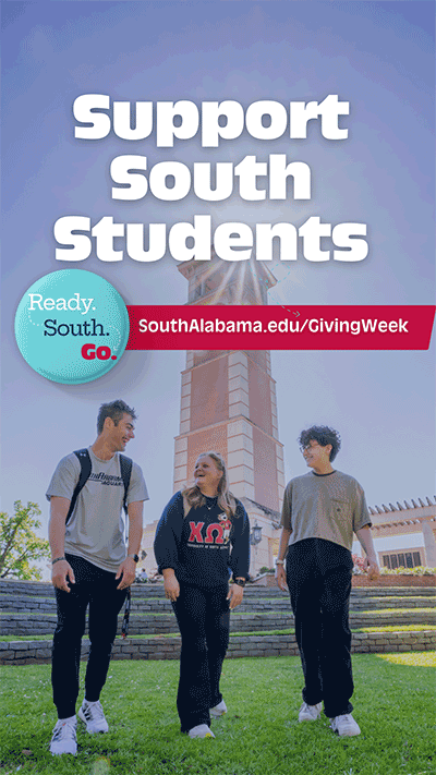 Stories graphic with students smiling in front of moulton tower.