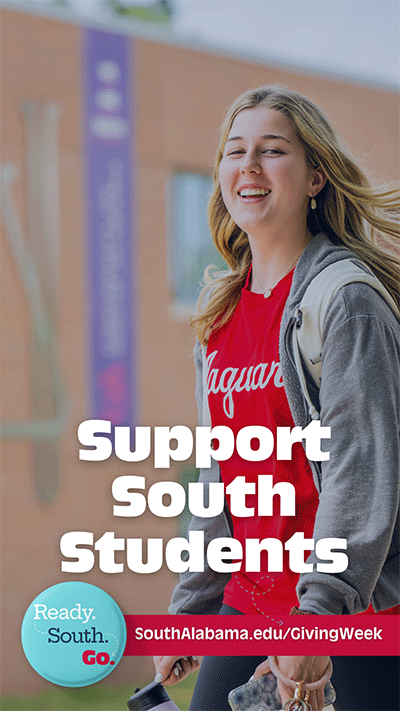 Stories graphic with student in Jaguars shirt walking on campus.