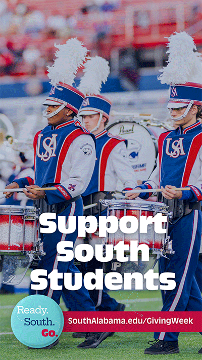 Stories graphic with marching band on game field.
