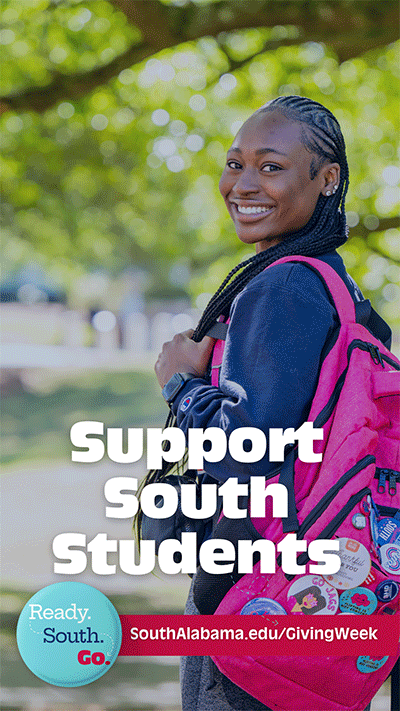 Stories graphic with student smiling looking over shoulder with backpack on.