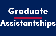 Graduade assistantships in white on blue background with red line