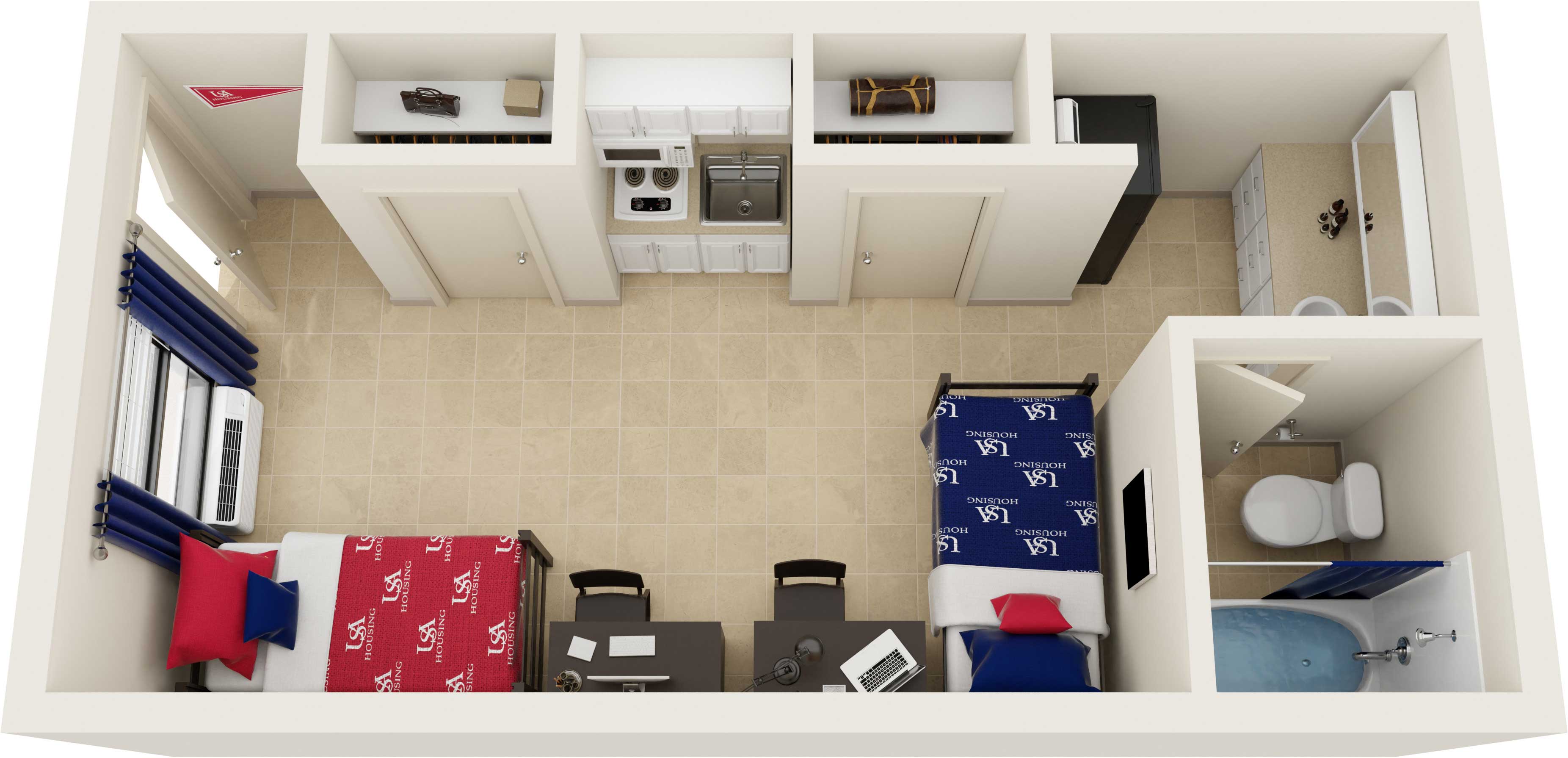 3D floor plan of Delta Room for 2 with Kitchenette