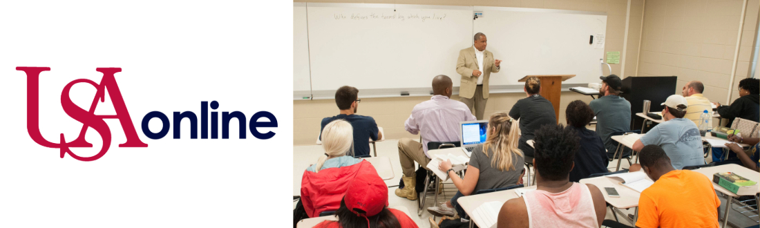 USAonline logo with image of a professor teaching in front of a classroom full of students