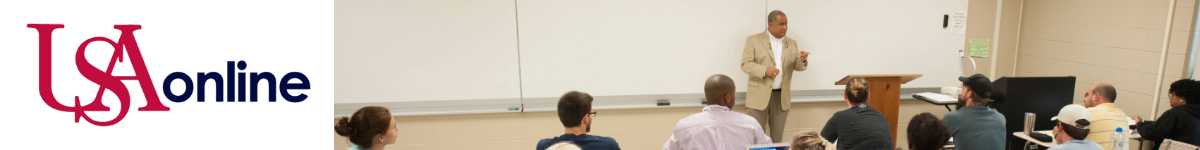 USAonline logo with image of a professor teaching in front of a classroom full of students