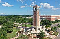 media relations photography - aerial view of Moulton Tower and Alumni Plaza