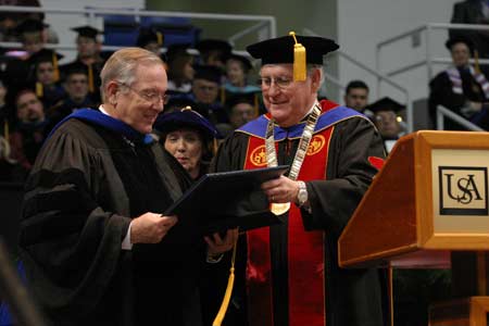 Former President Rodrigo Carazo accepting his Honorary Doctors of Humane Letters Degree 