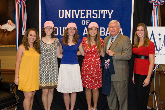 Left to right:  Brynn Armstrong, Lauren Gessner, Twila Tschan, Hannah Yeats, President Gordon Moulton, and Kaila Mattson