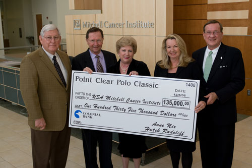 USA President Gordon Moulton, Abraham Mitchell Chair and Director of the USAMCI Dr. Mike Boyd, Point Clear Polo Classic Co-Chairs Anne Nix and Barbara Mudd, and USA Vice President for Development and Alumni Relations Dr. Joseph F. Busta Jr. 