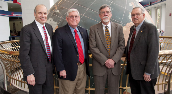 Announcing the Grant -- Dr. Ron Franks, vice president for health sciences, left, joins President Gordon Moulton; Dr. David Wood, Distinguished University Professor of Microbiology and Immunology; and Dr. Samuel Strada, dean of the College of Medicine, to announce a $14.5 million NIH award for the new Laboratory of Infectious Diseases. It is the largest competitive grant in the University’s history.
